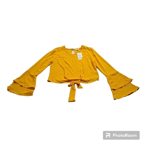 NWT Self Esteem Juniors' Bell-Sleeve Tie-Front Top Yellow Gold Small - Picture 1 of 7